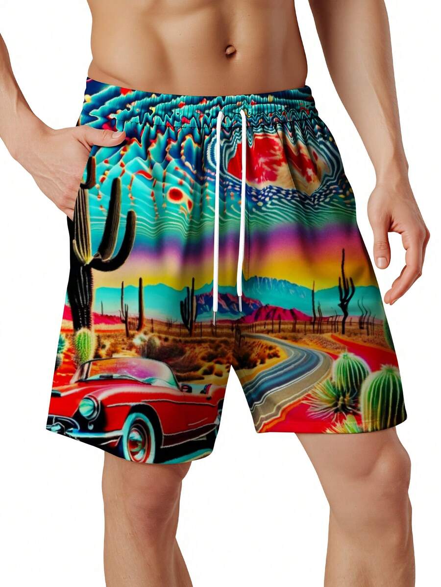 Swim Trunk Quick Dry - Mens Desert Scene Swim Trunks With