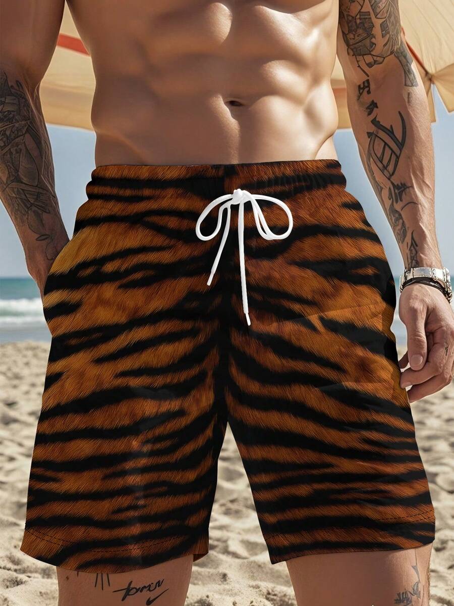 Swim Trunk Quick Dry - Mens Tiger Print Beach Shorts Brown