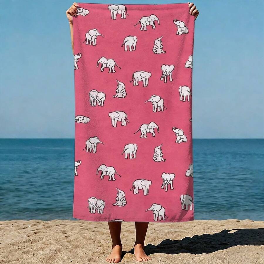 Beach Towel Large - Elephant Pattern, Pink Background, Hand-Drawn Cartoon