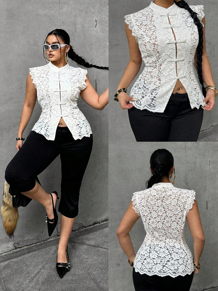 Plus Size Elegant Lace Blouse, - Shirt Camp Collar recension och pris