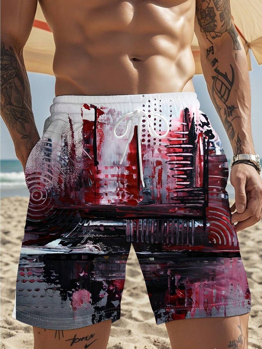Mens Abstract Print Beach Shor - Swim Trunk Quick Dry recension och pris