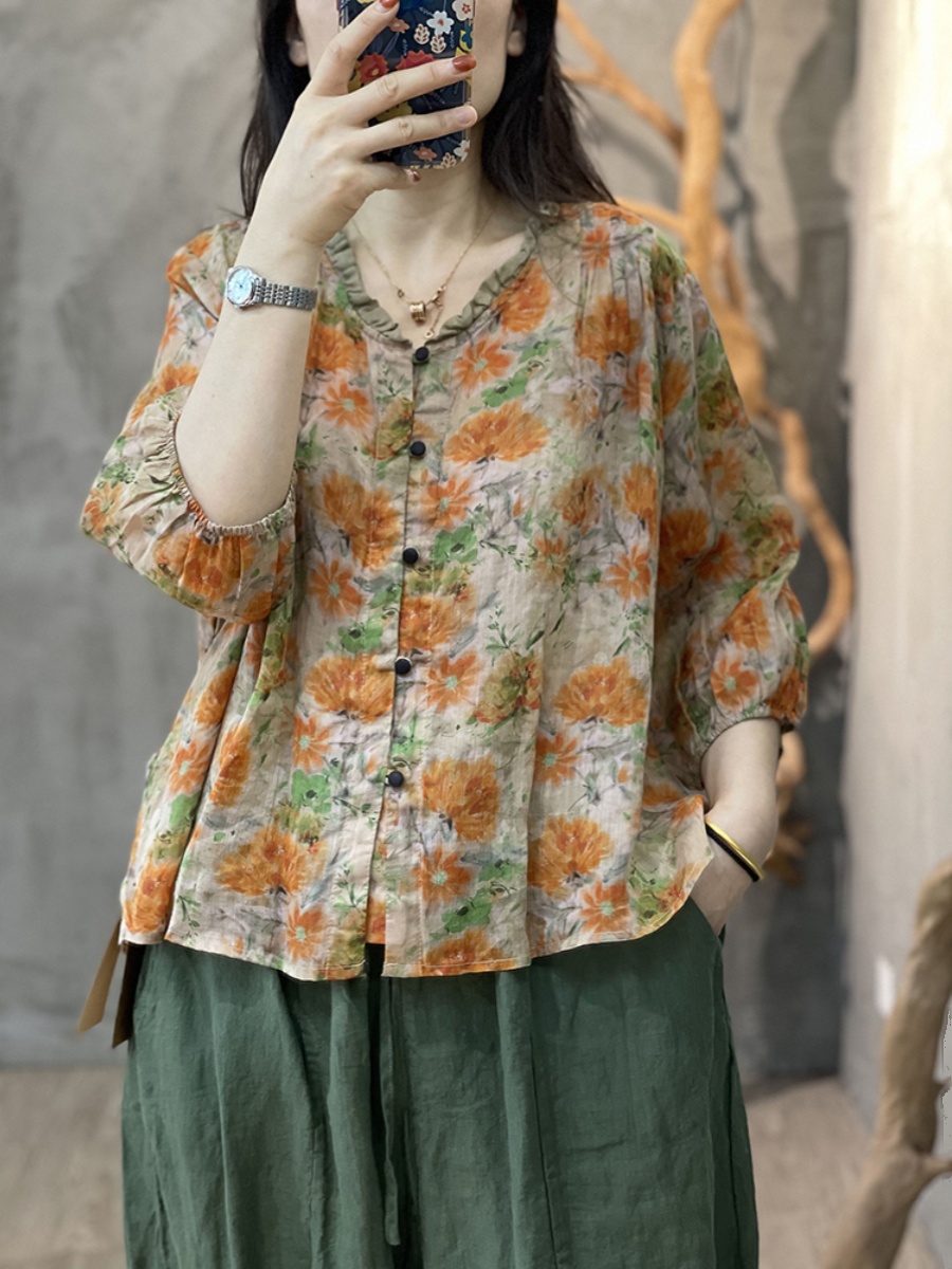 Large Size Women's Artistic Fl - Linen Shirt Breathable recension och pris