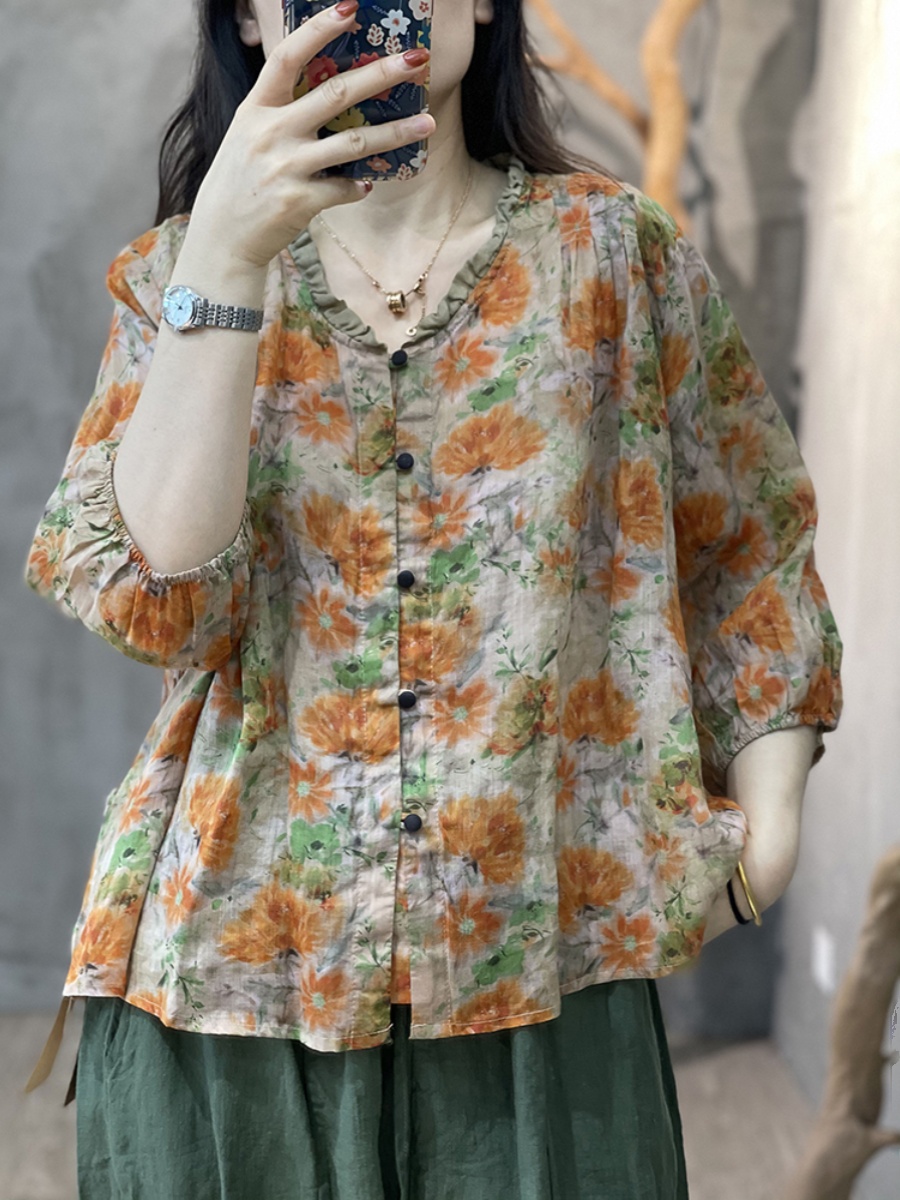 Large Size Women's Artistic Fl - Linen Shirt Breathable recension och pris