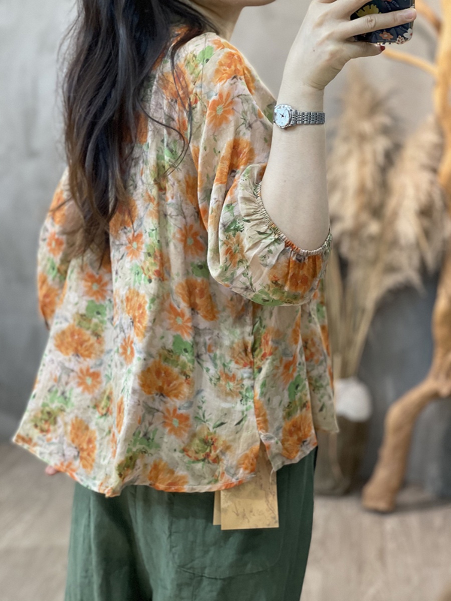 Large Size Women's Artistic Fl - Linen Shirt Breathable recension och pris