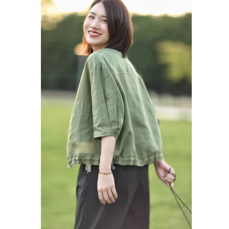Retro round Neck Cotton Linen  - Short Linen Drawstring recension och pris