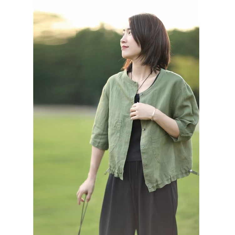Retro round Neck Cotton Linen  - Short Linen Drawstring recension och pris