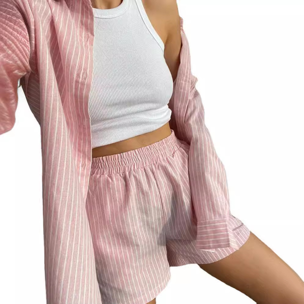 Women Striped Print Two Piece  - Linen Shirt Breathable recension och pris