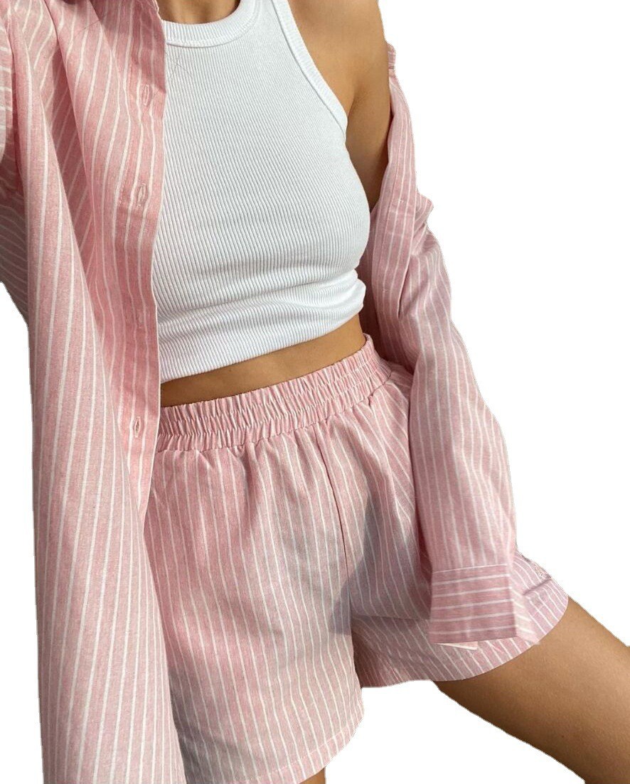 Women Striped Print Two Piece  - Linen Shirt Breathable recension och pris