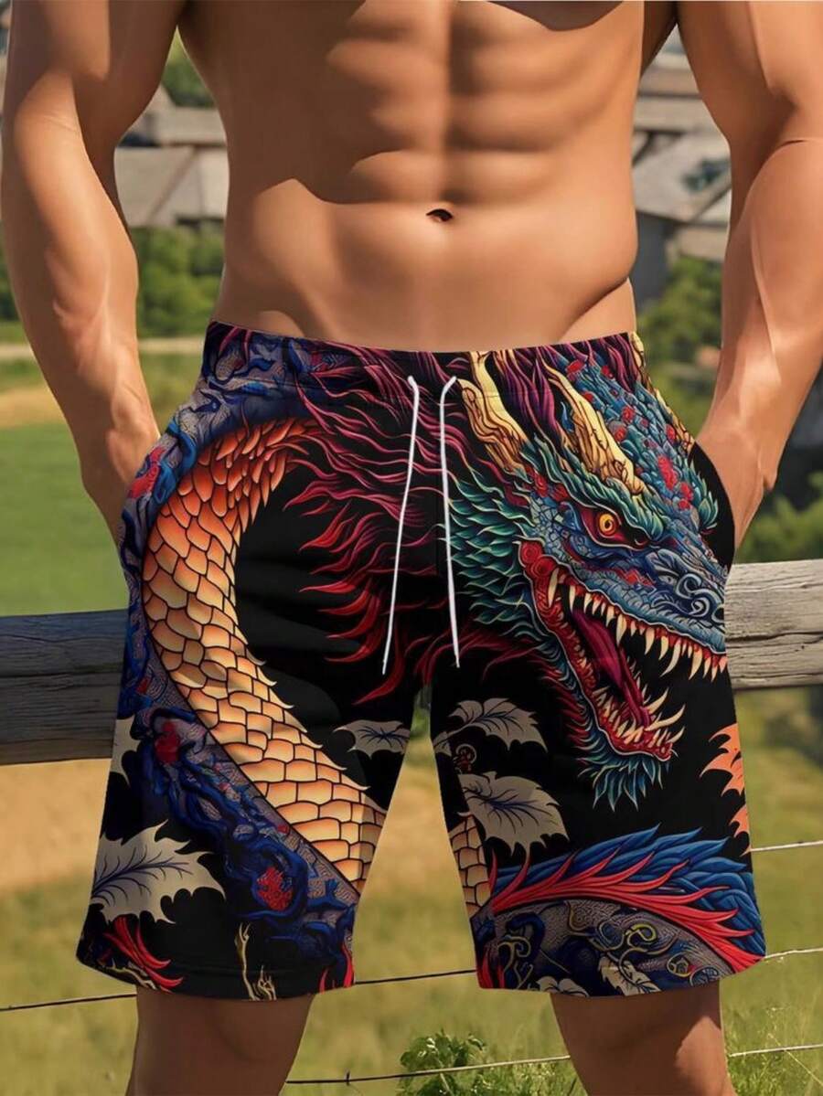 Mens Dragon Print Drawstring W - Swim Trunk Quick Dry recension och pris